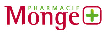 Логотип Pharmacie Monge с красным текстом и зеленым знаком плюс на белом фоне
