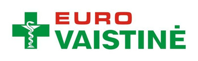 Логотип Euro Vaistine с зеленым крестом и красным текстом на белом фоне